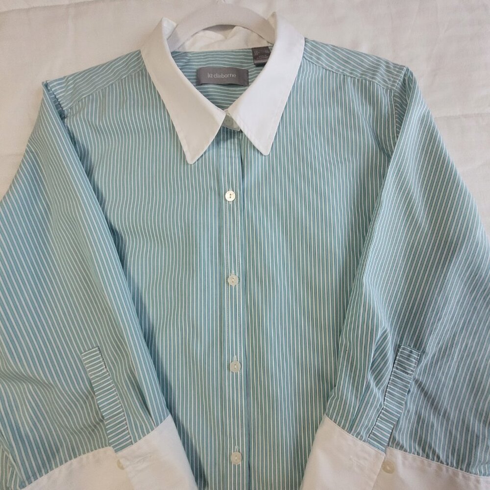 Teal Blue & White Pin Stripe Blouse XL Liz Claiborne - Picture 14 of 16